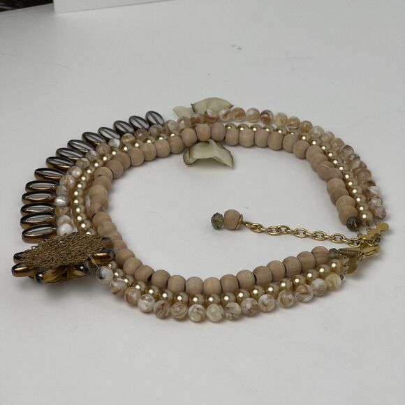 Lenora Dame Statement Necklace 3-Strand Wood Glass Stone Faux Pearl Beads - Picture 9 of 13